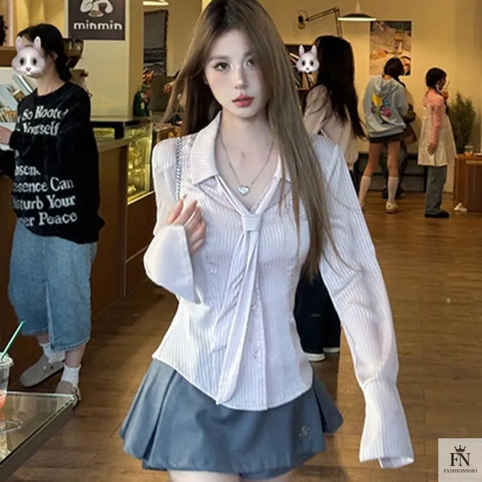 Striped Fitted Shirt Top With Tie - Fashionnsio