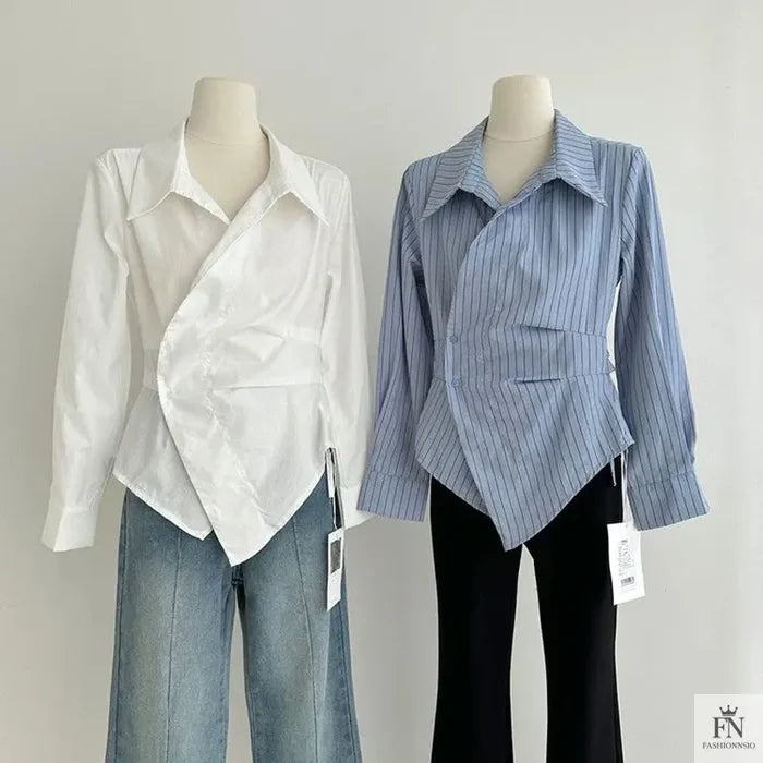 Striped Irregular Waist Fitted Shirts - Fashionnsio