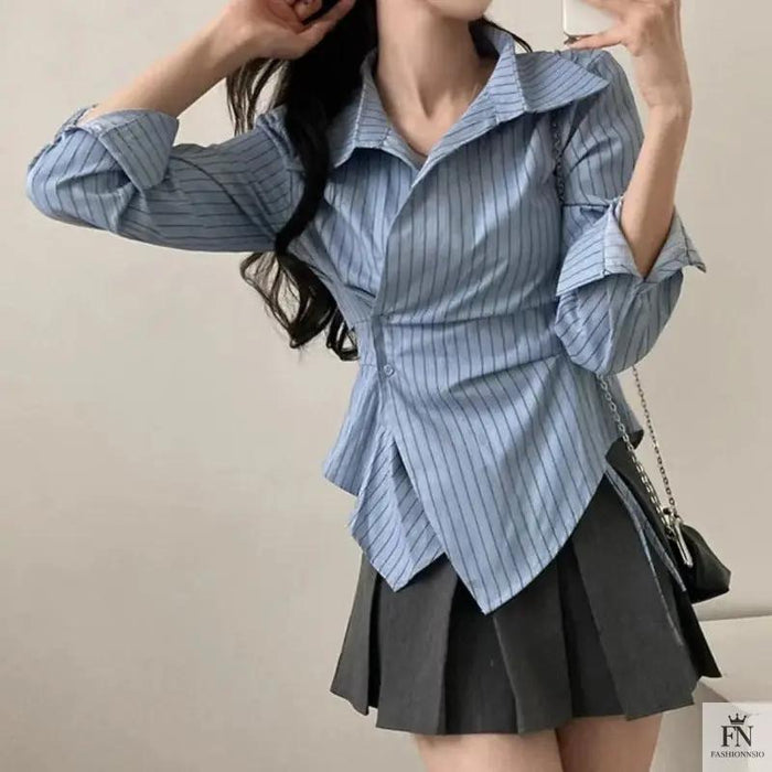 Striped Irregular Waist Slim Shirts - Fashionnsio