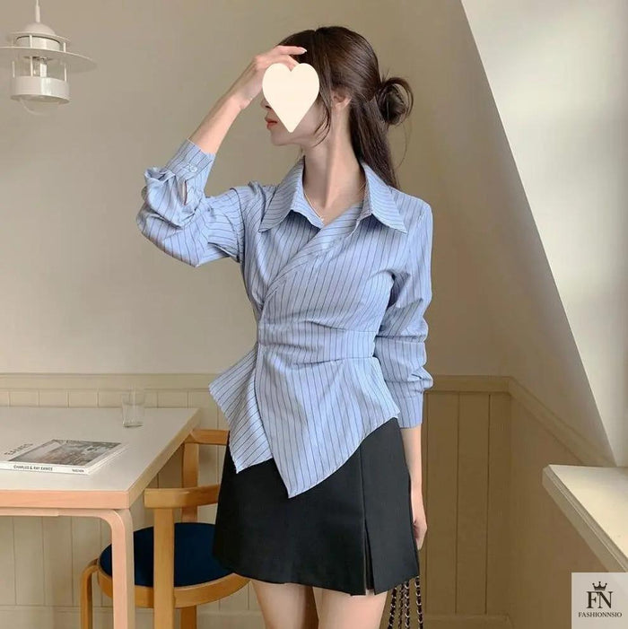 Striped Irregular Waist Slim Shirts - Fashionnsio