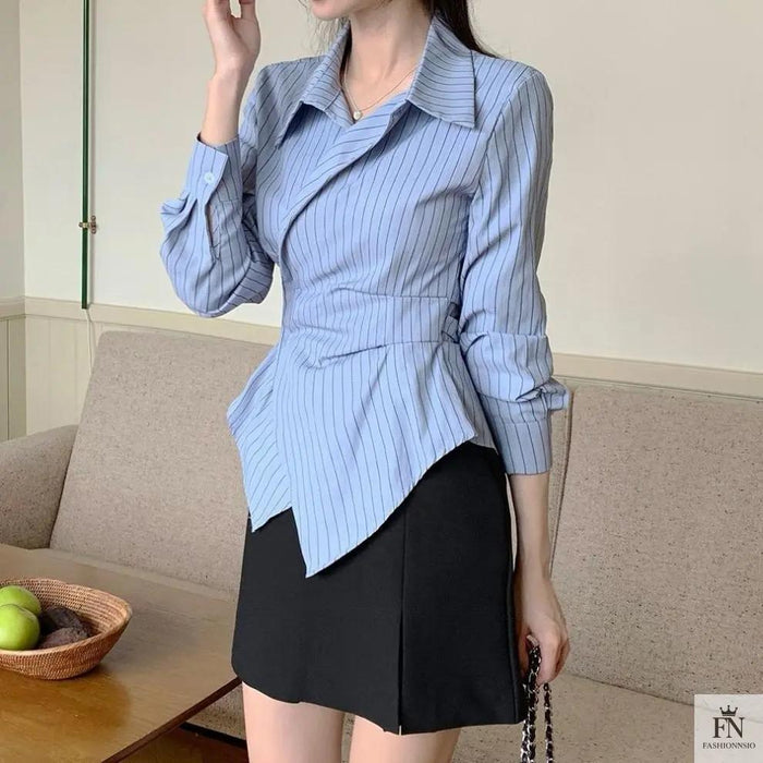 Striped Irregular Waist Slim Shirts - Fashionnsio