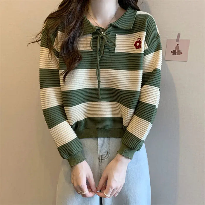 Striped Knitted Lace-up Sweater Top fashionnsio