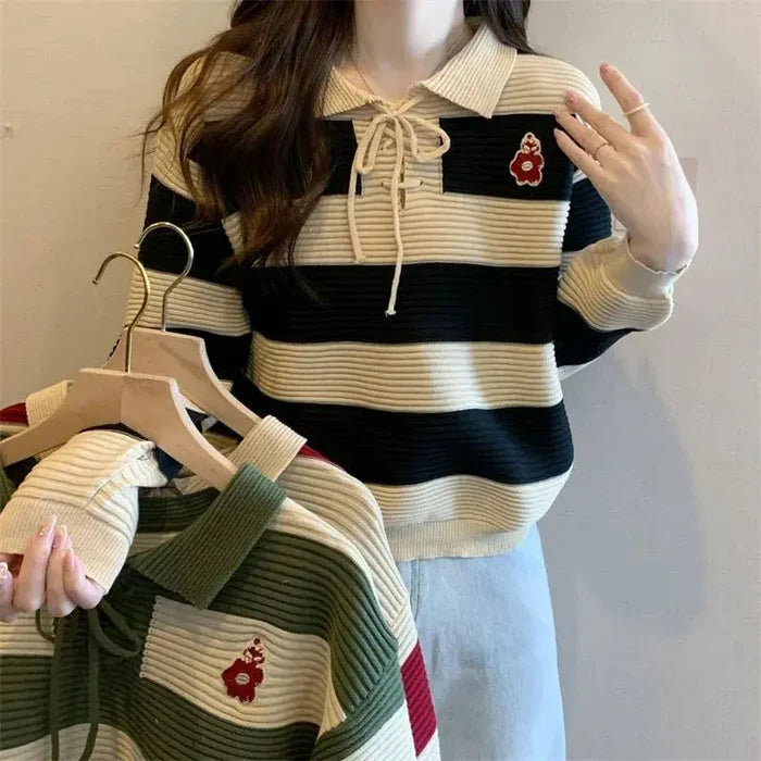 Striped Knitted Lace-up Sweater Top fashionnsio