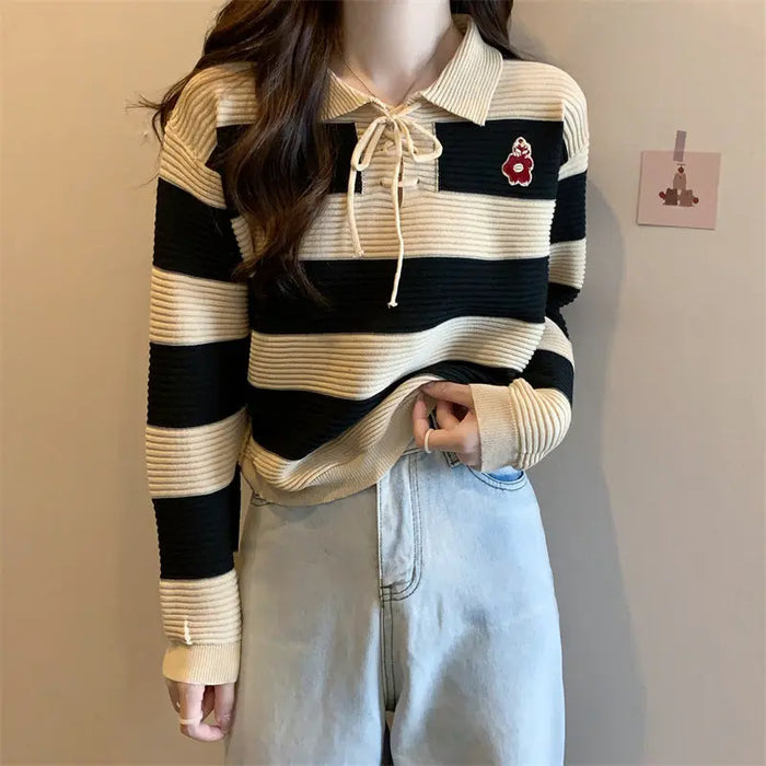 Striped Knitted Lace-up Sweater Top fashionnsio