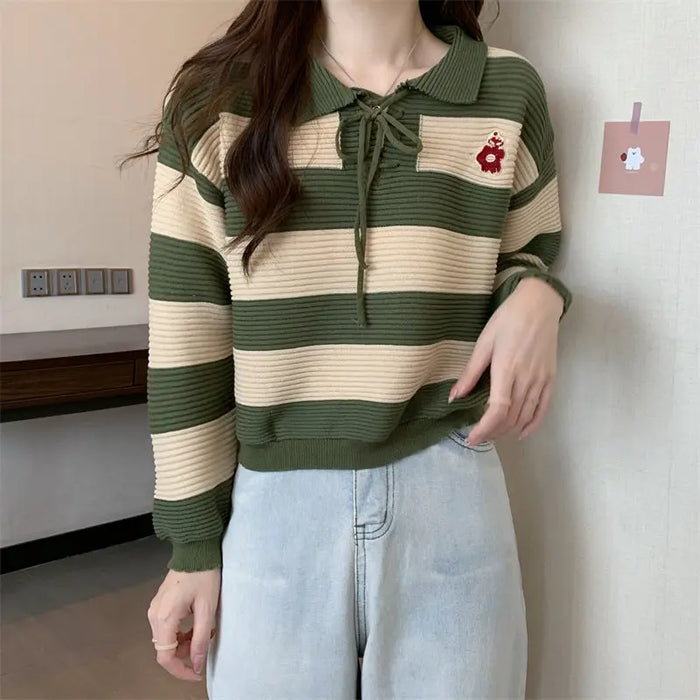 Striped Knitted Lace-up Sweater Top fashionnsio