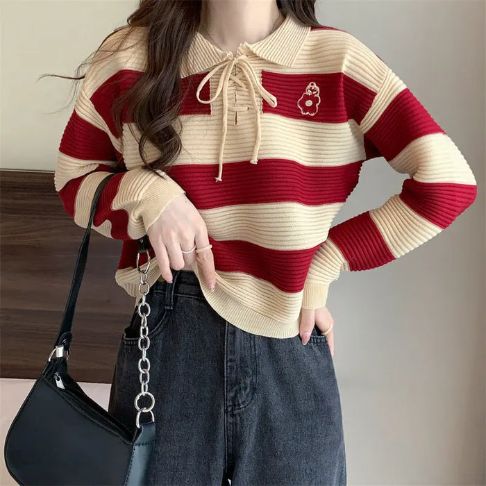 Striped Knitted Lace-up Sweater Top fashionnsio