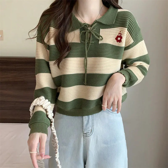 Striped Knitted Lace-up Sweater Top fashionnsio