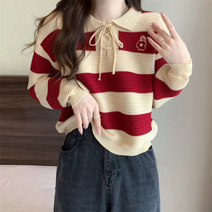 Striped Knitted Lace-up Sweater Top fashionnsio