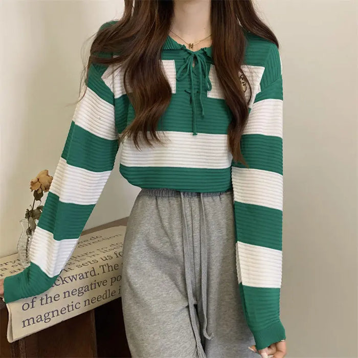 Striped Knitted Lace-up Sweater Top fashionnsio