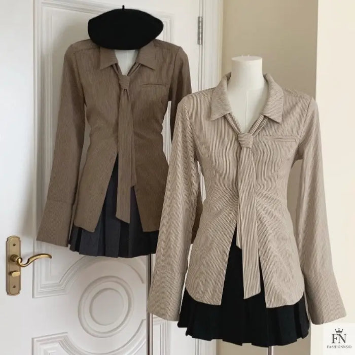 Striped Women Shirt With Tie - Fashionnsio