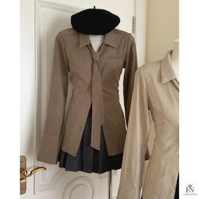 Striped Women Shirt With Tie - Fashionnsio