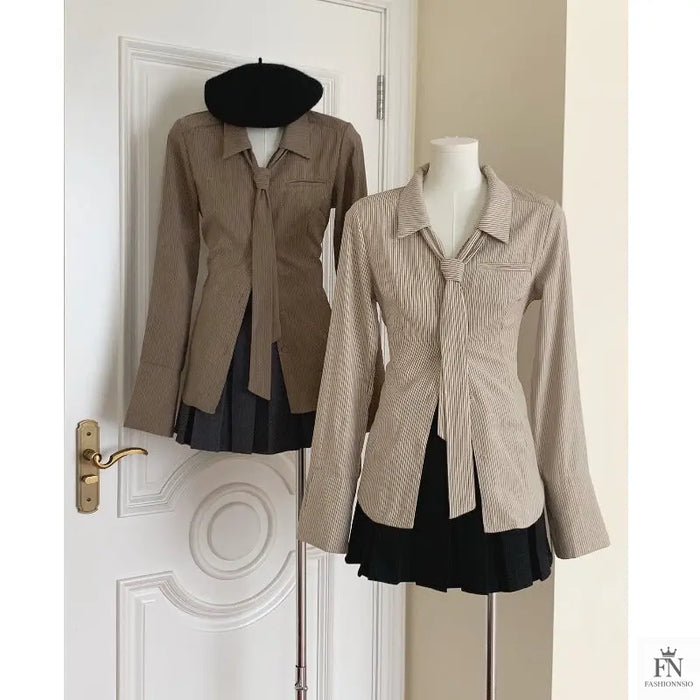 Striped Women Shirt With Tie - Fashionnsio