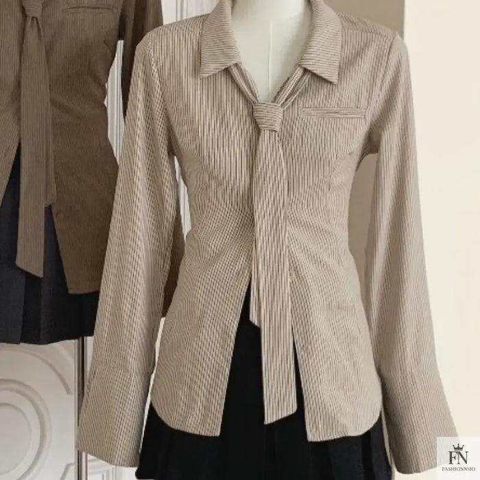 Striped Women Shirt With Tie - Fashionnsio