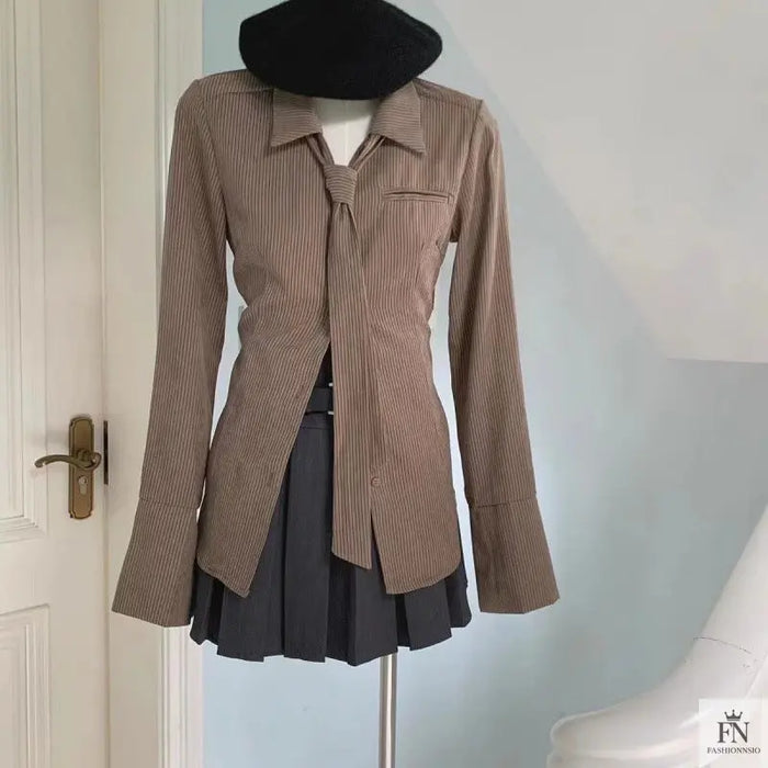Striped Women Shirt With Tie - Fashionnsio