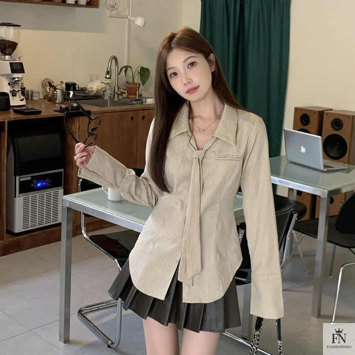 Striped Women Shirt With Tie - Fashionnsio