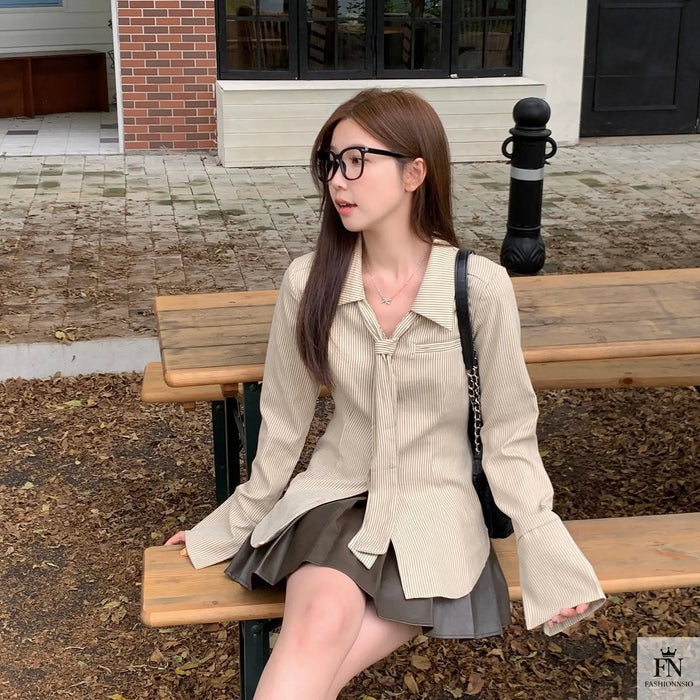 Striped Women Shirt With Tie - Fashionnsio