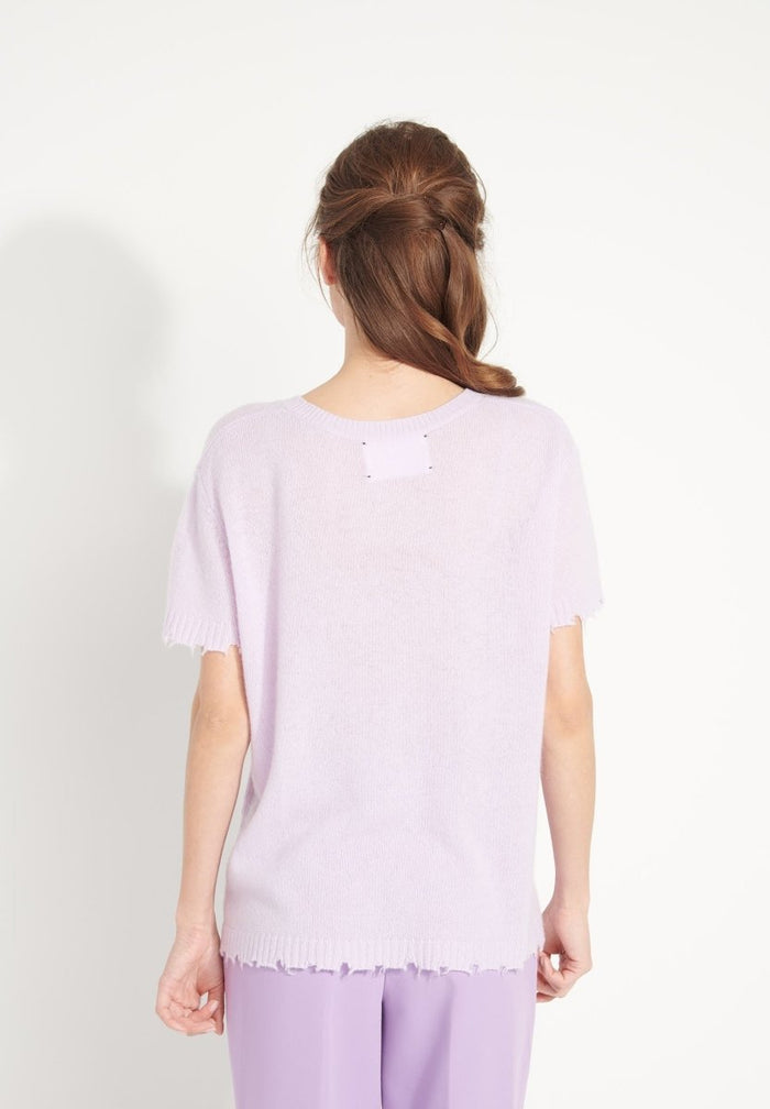 AVA 6 T shirt en cachemire déjaugé col rond manches courtes avec finitions ciselées lilas