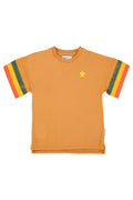 t-shirt dress | camel w/ multicolor stripes
