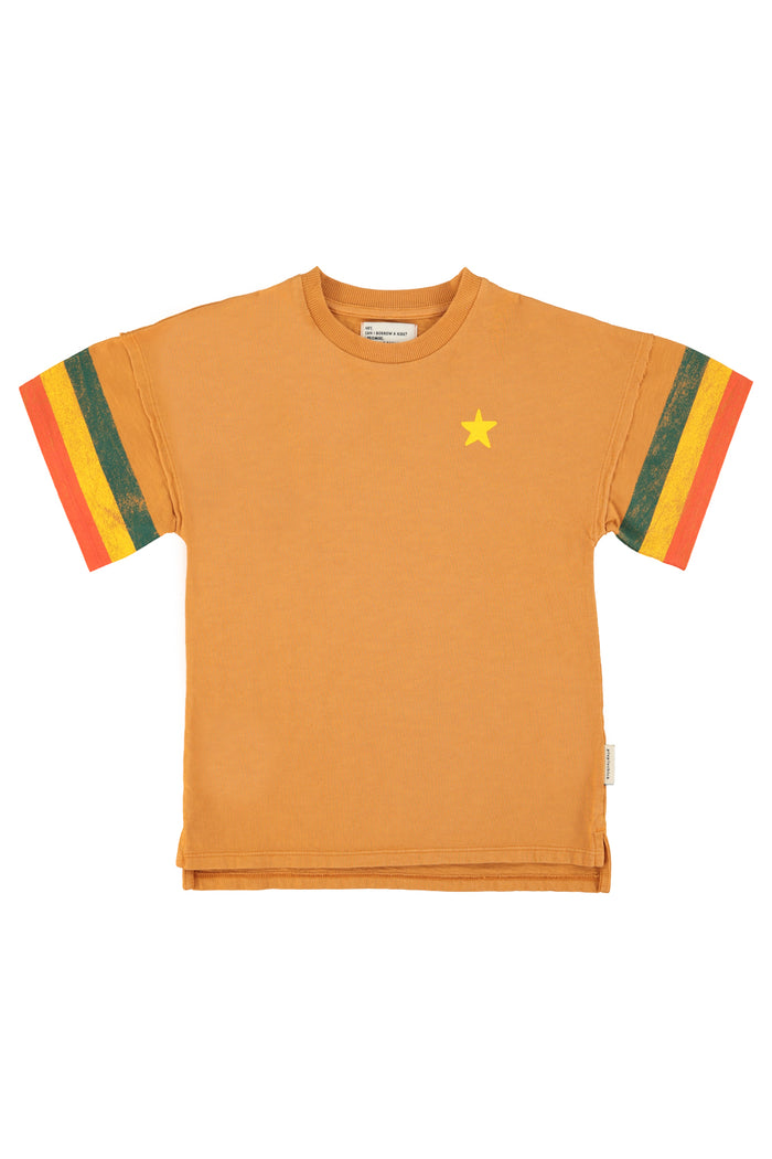 t-shirt dress | camel w/ multicolor stripes