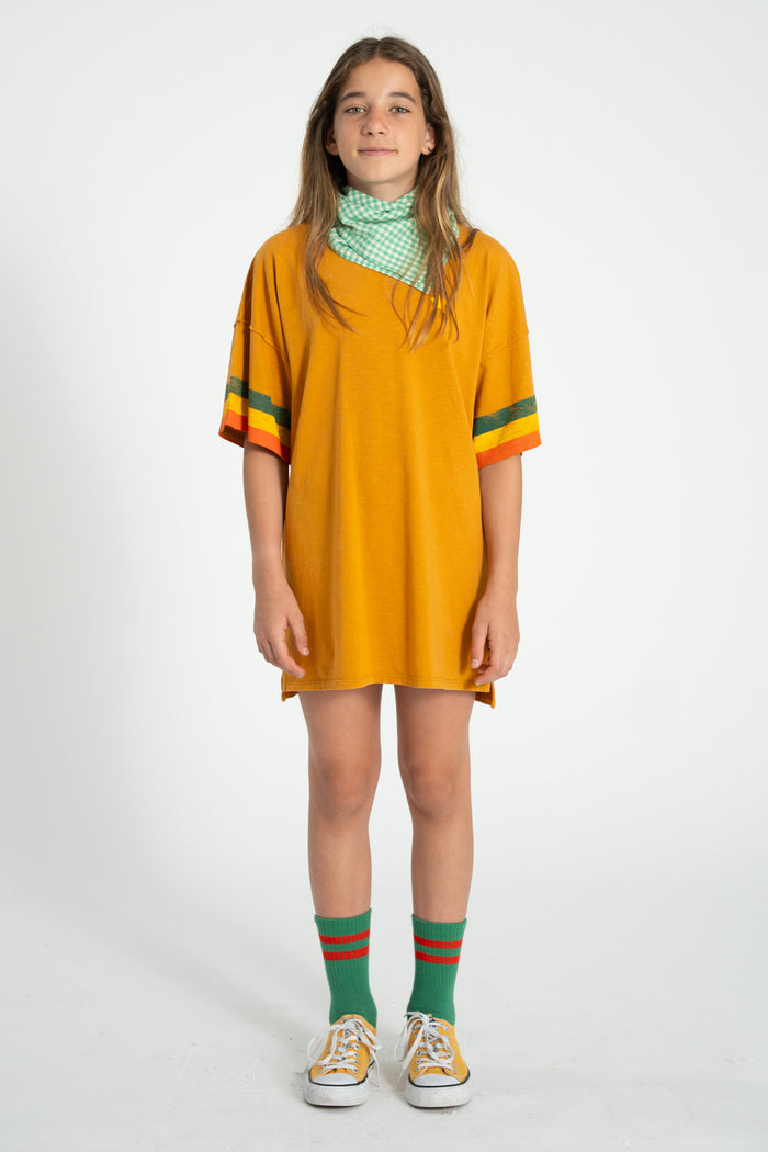 t-shirt dress | camel w/ multicolor stripes