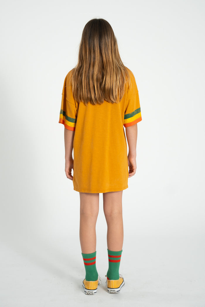 t-shirt dress | camel w/ multicolor stripes