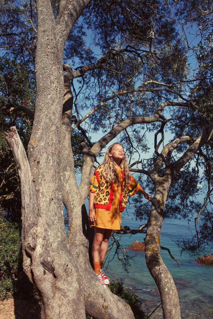 t-shirt dress | camel w/ multicolor stripes