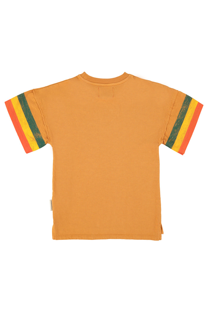t-shirt dress | camel w/ multicolor stripes
