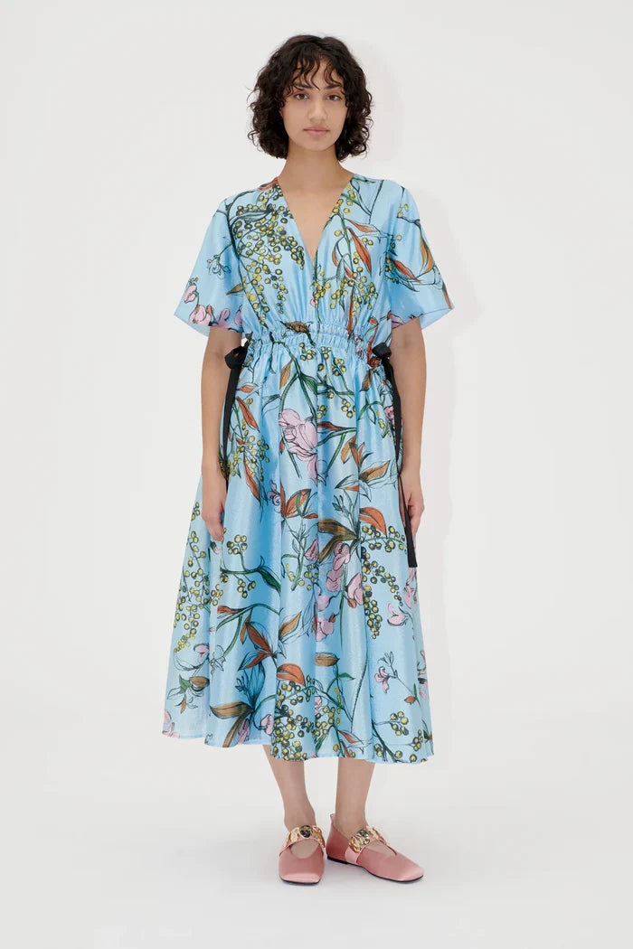 Textured V Neck Waist Tie Midi Dress