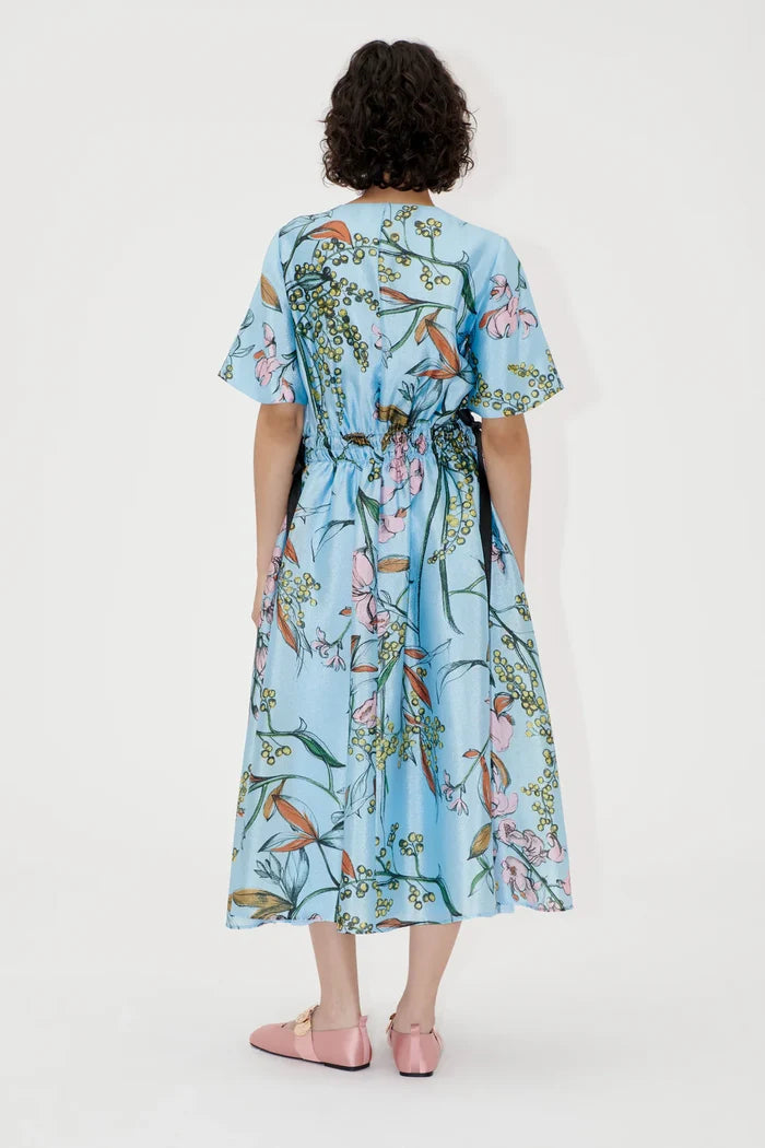 Textured V Neck Waist Tie Midi Dress