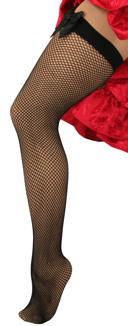Fishnet Stockings with Bow - Black Thigh High