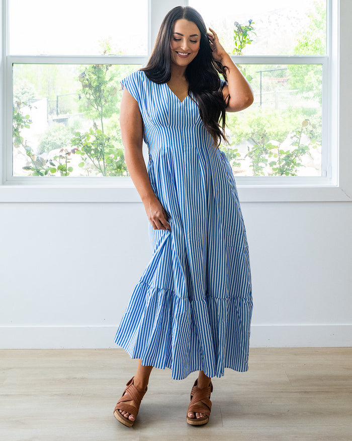 Trista Striped V Neck Maxi Dress - Blue FINAL SALE Haptics