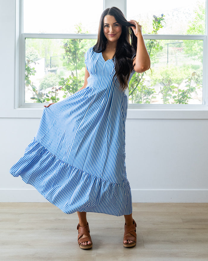 Trista Striped V Neck Maxi Dress - Blue FINAL SALE Haptics