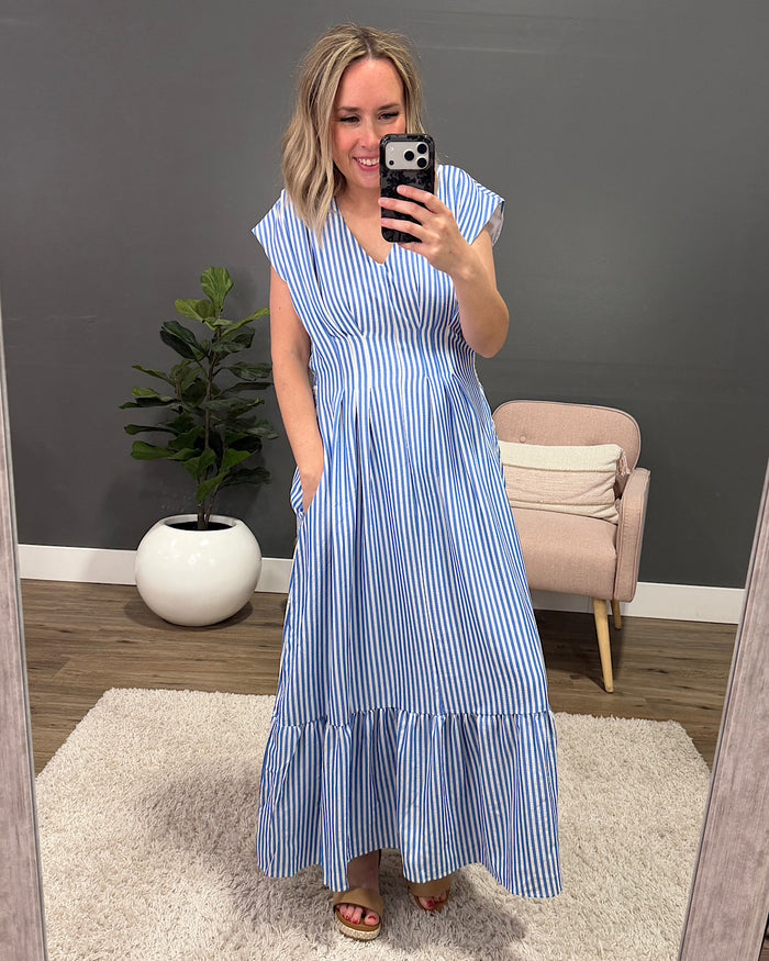 Trista Striped V Neck Maxi Dress - Blue FINAL SALE Haptics