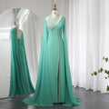 Dreamy Vow Turquoise Green Chiffon Dubai Evening Dress with Cape Sleeves Luxury Beaded Arabic Women Wedding Party Gowns SS474-DreamyVow