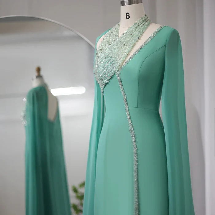 Dreamy Vow Turquoise Green Chiffon Dubai Evening Dress with Cape Sleeves Luxury Beaded Arabic Women Wedding Party Gowns SS474-DreamyVow