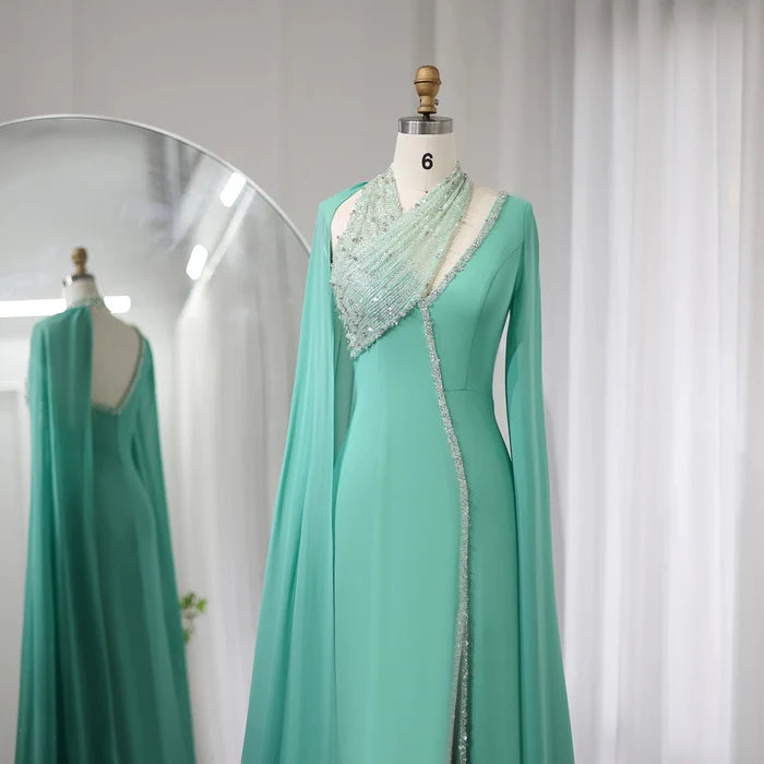 Dreamy Vow Turquoise Green Chiffon Dubai Evening Dress with Cape Sleeves Luxury Beaded Arabic Women Wedding Party Gowns SS474-DreamyVow