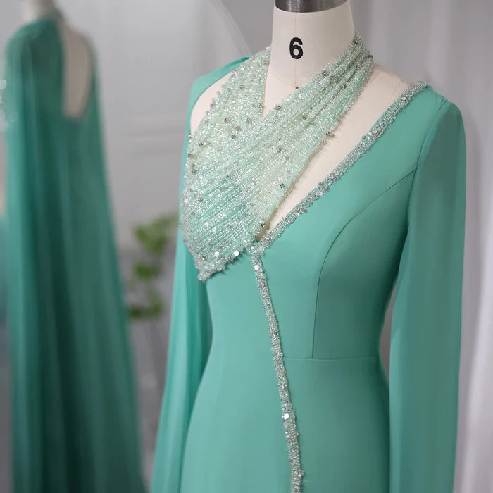 Dreamy Vow Turquoise Green Chiffon Dubai Evening Dress with Cape Sleeves Luxury Beaded Arabic Women Wedding Party Gowns SS474-DreamyVow
