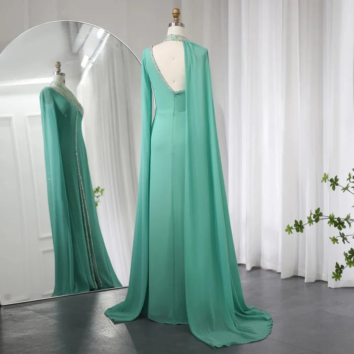 Dreamy Vow Turquoise Green Chiffon Dubai Evening Dress with Cape Sleeves Luxury Beaded Arabic Women Wedding Party Gowns SS474-DreamyVow