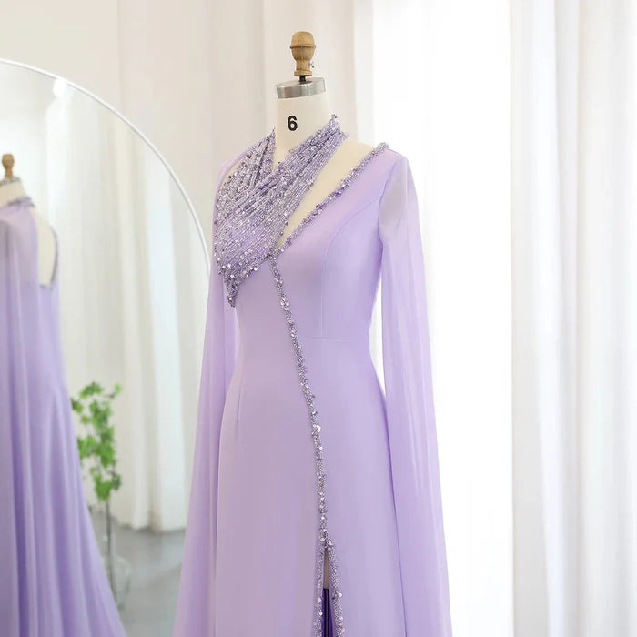 Dreamy Vow Turquoise Green Chiffon Dubai Evening Dress with Cape Sleeves Luxury Beaded Arabic Women Wedding Party Gowns SS474-DreamyVow