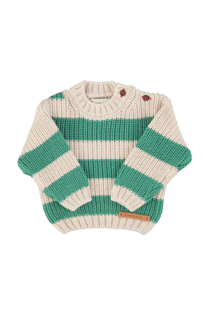 Unisex baby ecru knitted sweater with green stripes