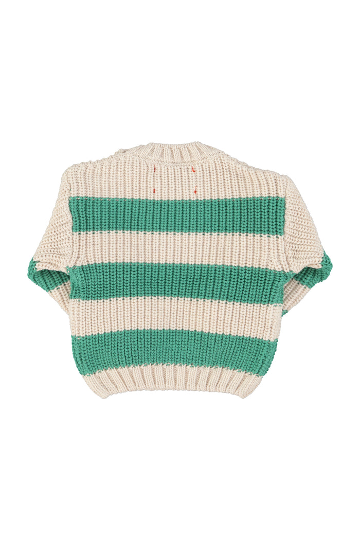 Unisex baby ecru knitted sweater with green stripes