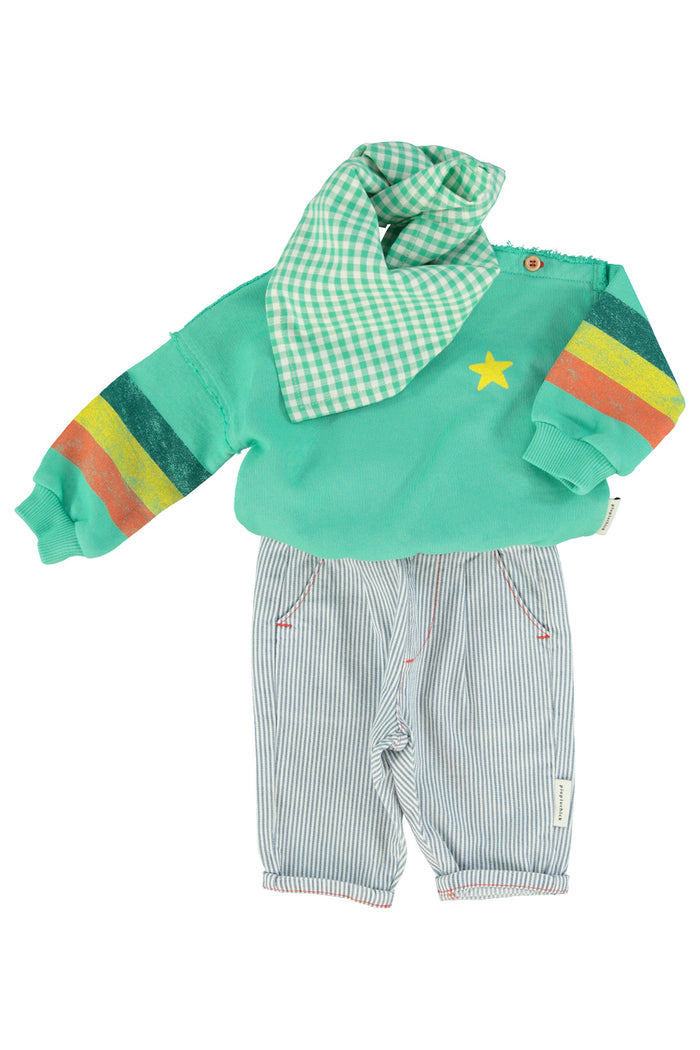 Unisex baby green sweatshirt with multicolor sleeve stripes