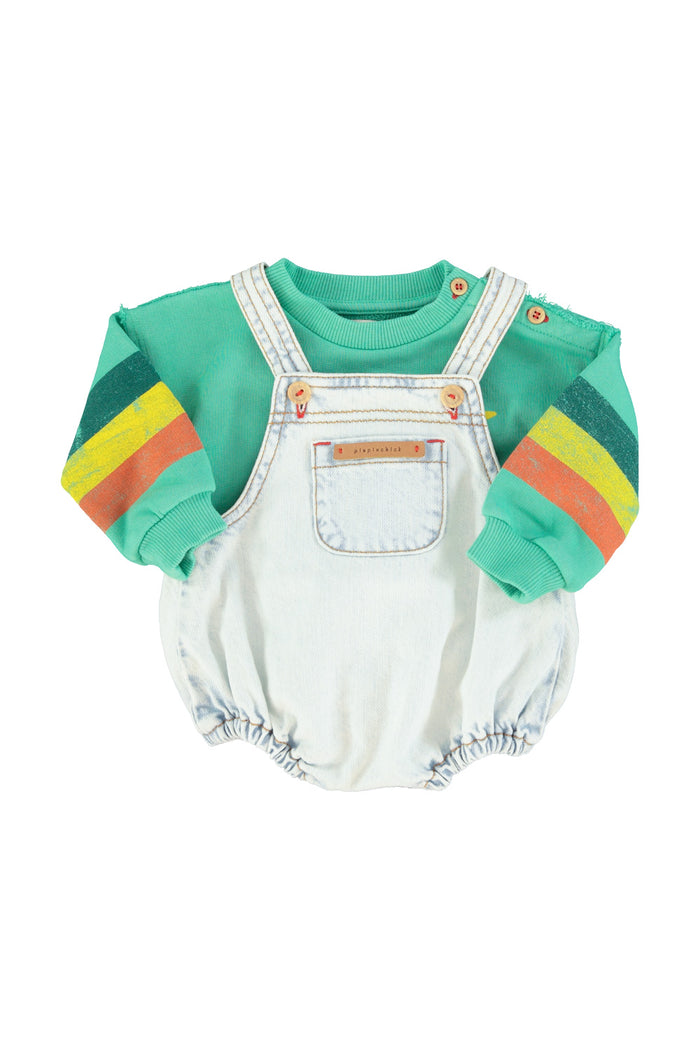 Unisex baby green sweatshirt with multicolor sleeve stripes