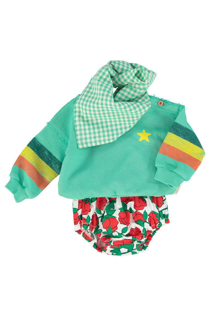 Unisex baby green sweatshirt with multicolor sleeve stripes