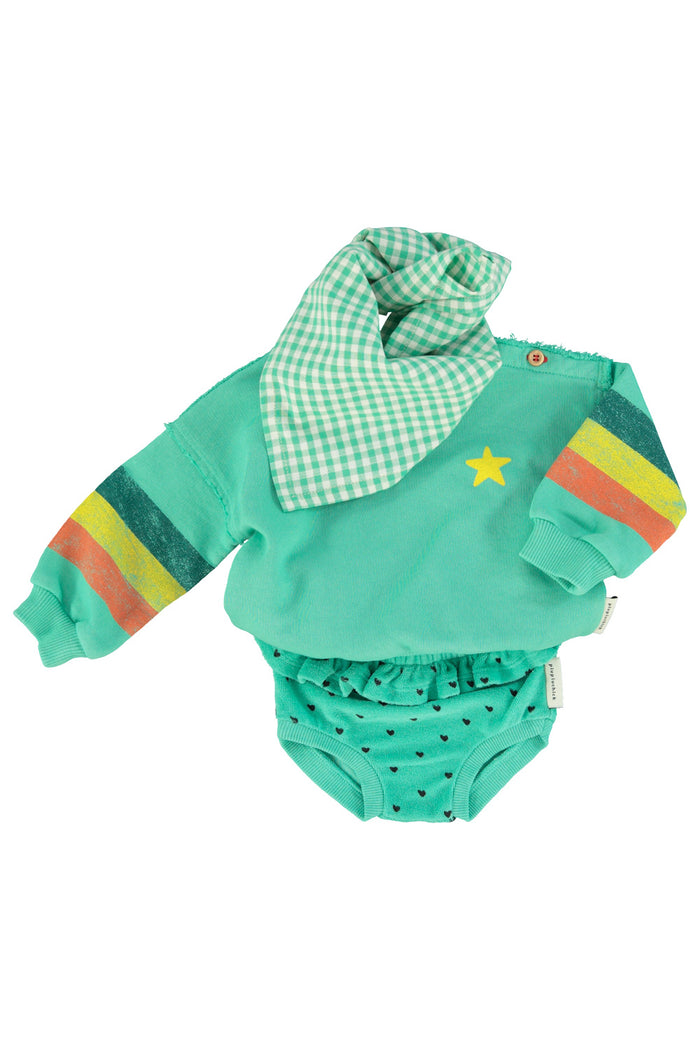 Unisex baby green sweatshirt with multicolor sleeve stripes