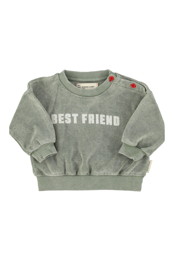 Unisex baby washed green terry sweatshirt with “best friend” print
