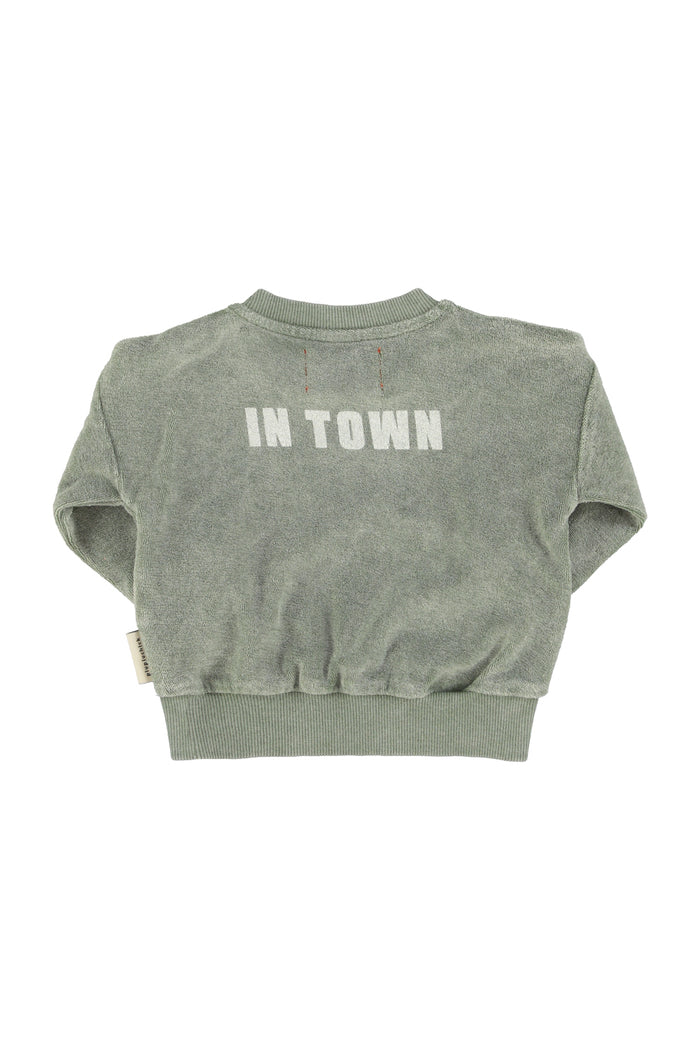 Unisex baby washed green terry sweatshirt with “best friend” print