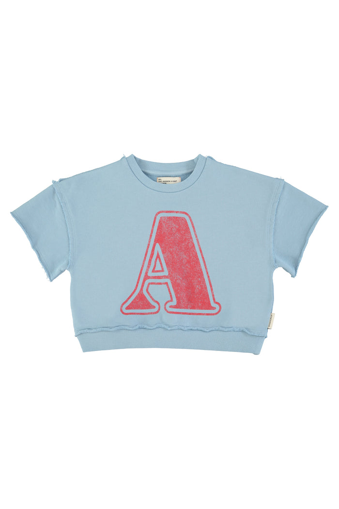 Unisex blue short sleeve sweatshirt with “A” print