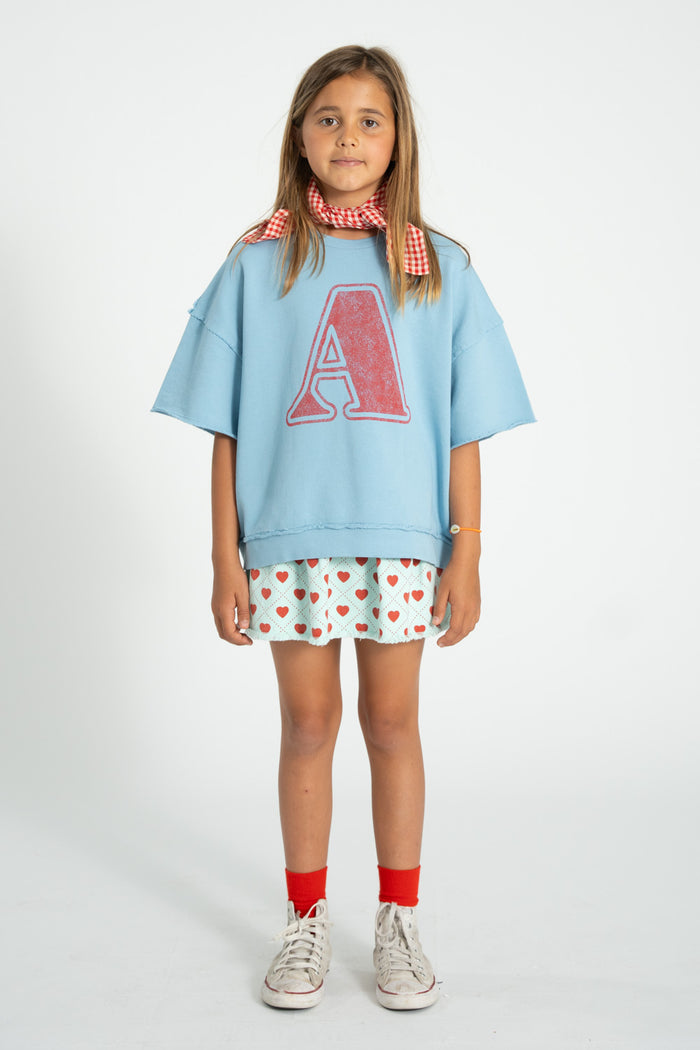 Unisex blue short sleeve sweatshirt with “A” print