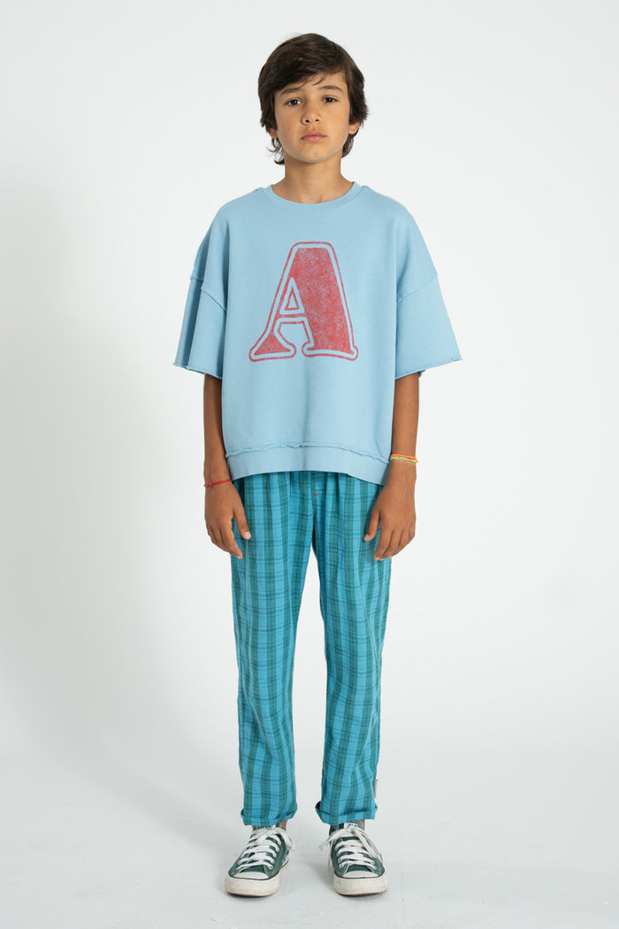Unisex blue short sleeve sweatshirt with “A” print
